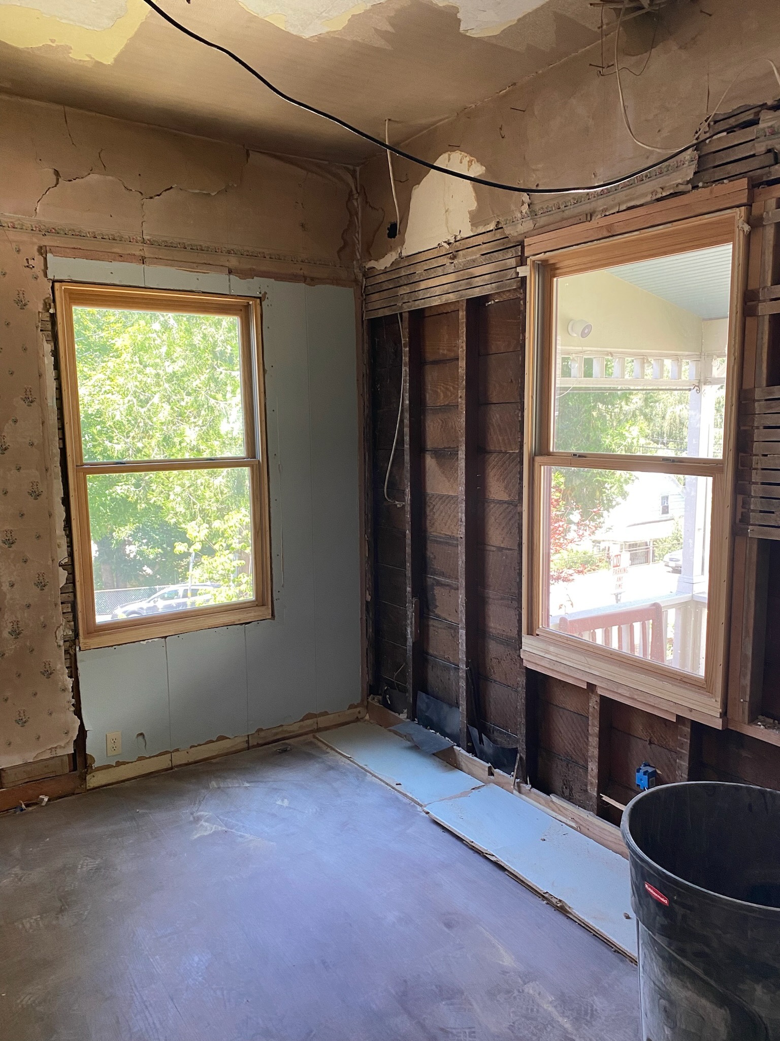 A guest room stripped to the studs during the 2022 renovation